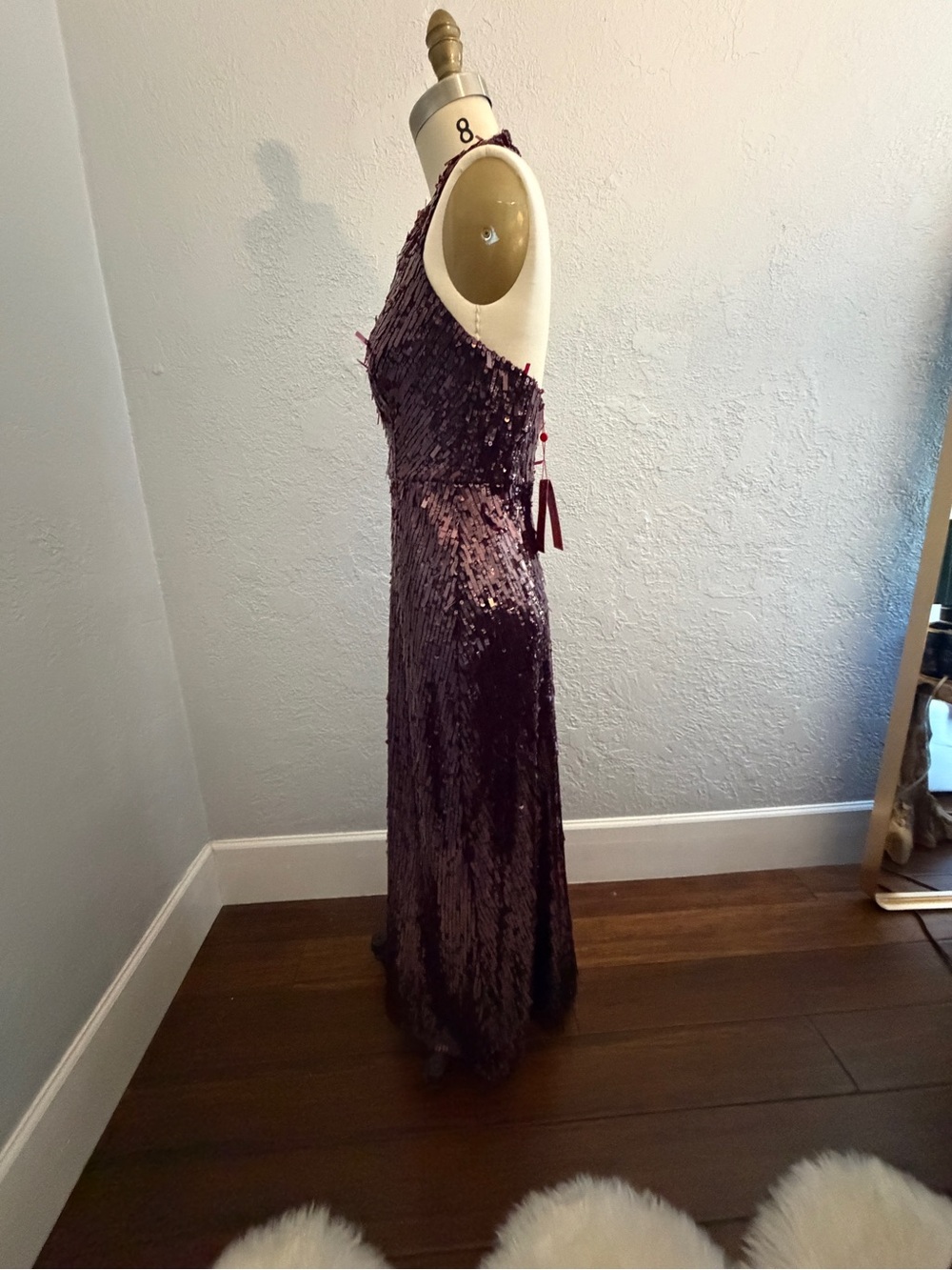 Halston! Burgundy Sequin Halter Gown | Open Back Formal Dress - Picture 2 of 4